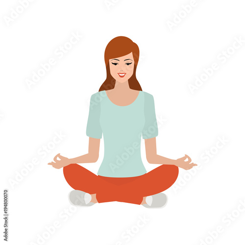 Young woman meditating with crossed legs. Relaxation, isolated people illustration flat design.
