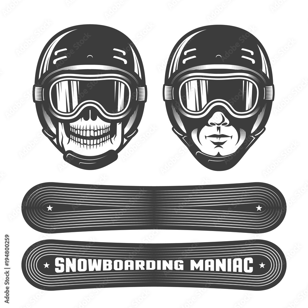 Snowboarding logo with man's head in helmet and goggles, snowboard and heraldic ribbon. Retro style. Worn texture and dots on separate layers and can be disabled. Snowboarding logo with man's head in helmet and goggles, snowboard and heraldic ribbon. Retro style. Worn texture and dots on separate layers and can be disabled.
