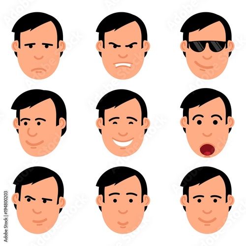 Cartoon man's head set of emoji.  Yes, no, joy, shock, resentment, anger, suspicion, cool emotions.