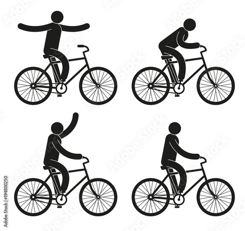 Pictograms people riding a bicycle set - hands free, gaining speed, welcomes