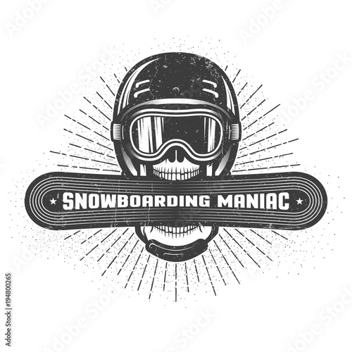 Snowboarding logo with man's head in helmet and goggles, snowboard and heraldic ribbon. Retro style. Worn texture and dots on separate layers and can be disabled.