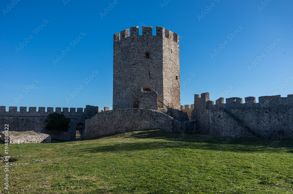 Tower of medieval castle of Platamonas. It is a Crusader castle in northern Greece and is located southeast of Mount Olympus. Pieria - Greece