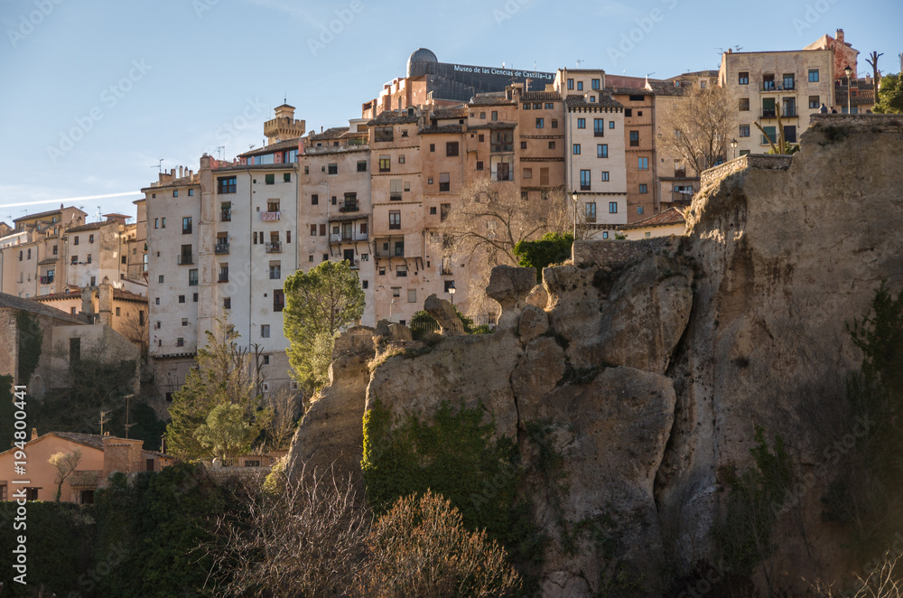 View to houses of Cuenca old town. Outstanding example of a medieval city, built on the steep sides of a mountain. Cuenca, Spain