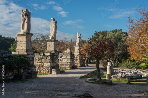 Odeon of Agrippa statues in the Ancient Agora of Athens, Greece