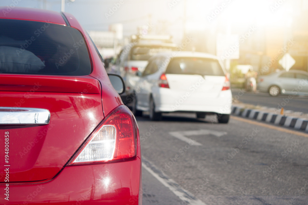 Fototapeta premium Cars stop on the road by traffic jam in rush hour on morning time.