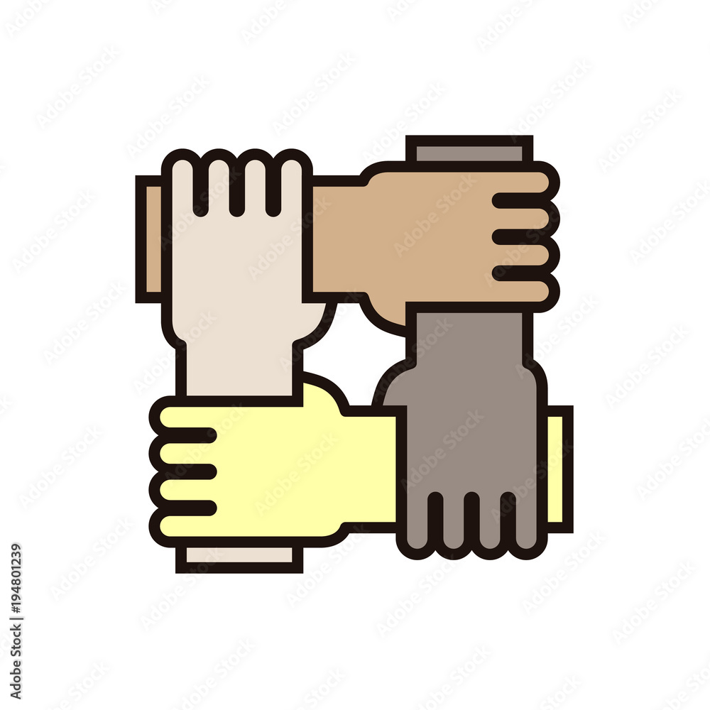 4 hands holding eachother. Vector icon for concepts of racial equality, teamwork, community and charity. 4 hands holding eachother. Vector icon for concepts of racial equality, teamwork, community and charity.