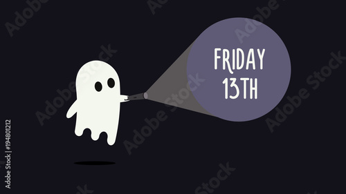 Cute ghost with his flashlight pointing towards Friday 13th. Vector Background illustration for friday 13 superstition day