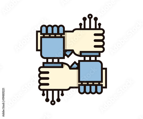 Human and robot hands togehter as one. Vector icon representing the benefits humans can have with artificial intelligence and robotic. AI benefiting humans.