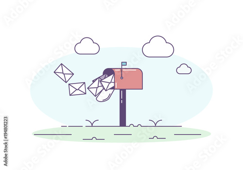 Open mailbox allowing mail envelop letters inside. Vector trendy illustration with mailbox, correspondence, sky and clouds