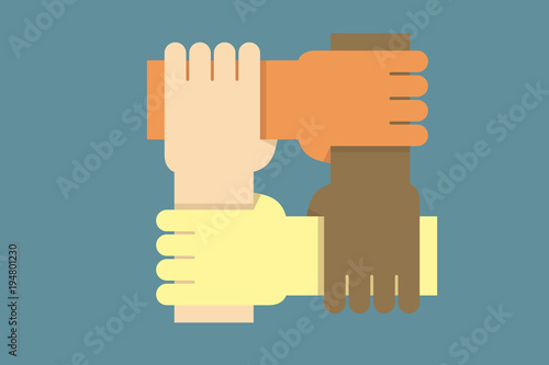 Background design with hands from people of different ethnicities together as one. Vector illustration for concepts of community, equal rights, community, charity work and teamwork success