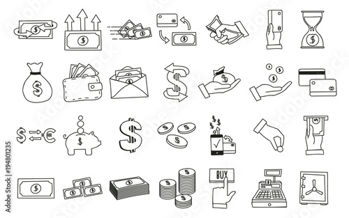 Set of hand drawn money related icons. Vector doodle illustrations with money, finance and commerce subjects.