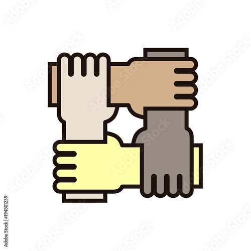 4 hands holding eachother. Vector icon for concepts of racial equality, teamwork, community and charity.