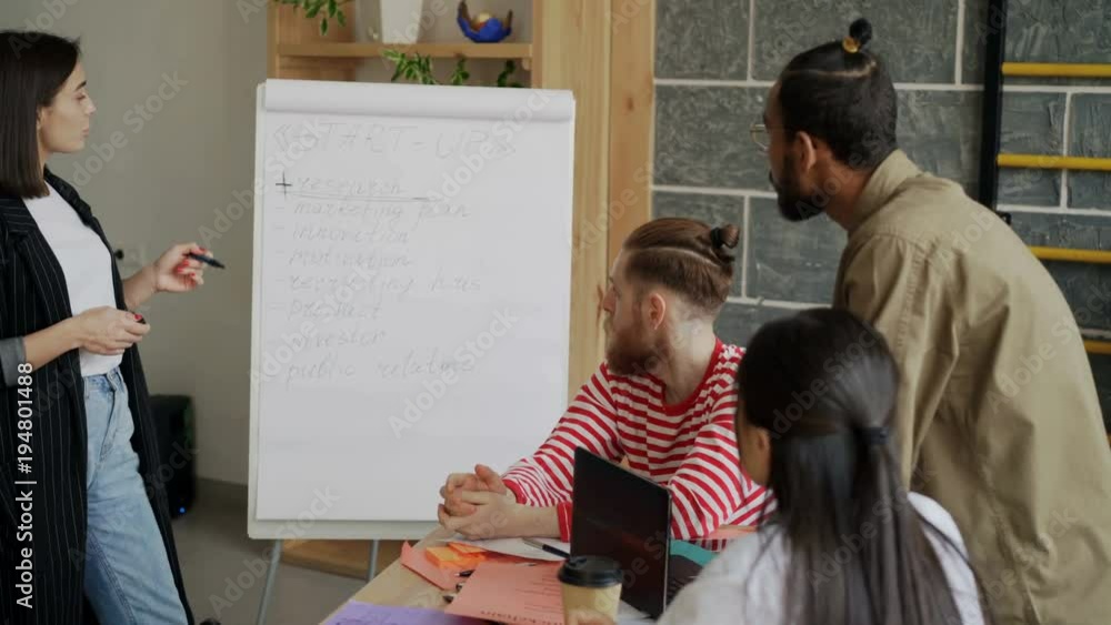 Cheerful businesswoman explaining start-up business brief on flipchart to multi ethnic colleagues in modern loft office indoors Cheerful businesswoman explaining start-up business brief on flipchart to multi ethnic colleagues in modern loft office indoors
