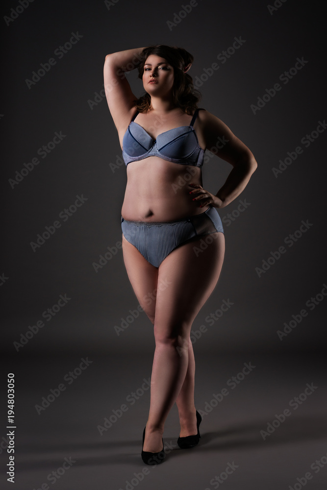 Plus size sexy model in underwear, fat woman on gray background, body foto de Stock | Adobe Stock