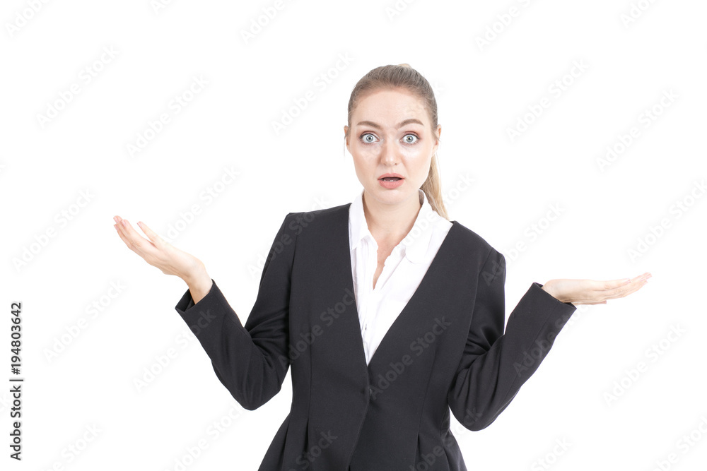 Portrait of young businesswoman confused for work isolated on white background. Portrait of young businesswoman confused for work isolated on white background.