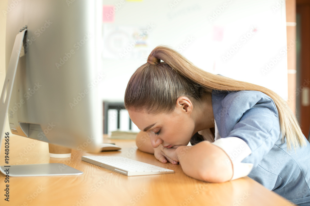 Woman sleep when finished for work at office. People working over time concept. Woman sleep when finished for work at office. People working over time concept.
