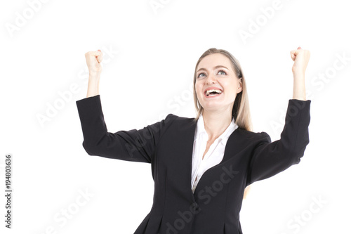 Business woman standing at white background with success feeling. Woman success for business project.