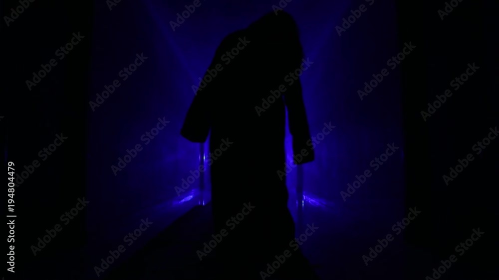 Creepy silhouette in the dark abandoned building. Horror about maniac concept or Dark corridor with cabinet doors and lights with silhouette of spooky horror person standing with different poses. Creepy silhouette in the dark abandoned building. Horror about maniac concept or Dark corridor with cabinet doors and lights with silhouette of spooky horror person standing with different poses.