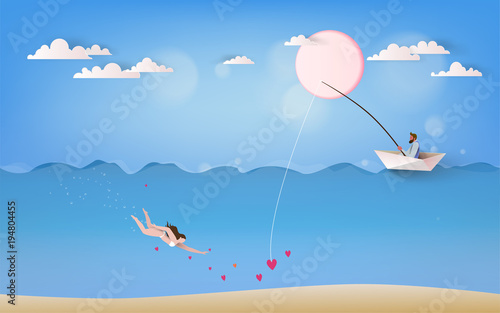 A man in paper boat phishing for love. Love concept. Happy Valentine's Day wallpaper, poster, card. Surrealism vector illustration