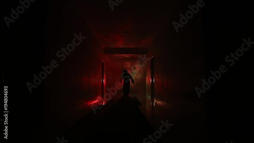 Wallpaper Mural Creepy silhouette in the dark abandoned building. Horror about maniac concept or Dark corridor with cabinet doors and lights with silhouette of spooky horror person standing with different poses. Torontodigital.ca