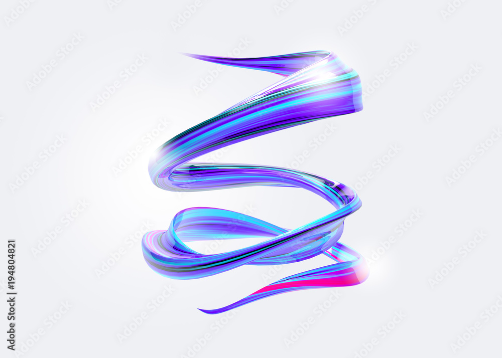 3D Abstract Spiral Brush Stroke. Trendy Colorful Paint Splash. Liquid