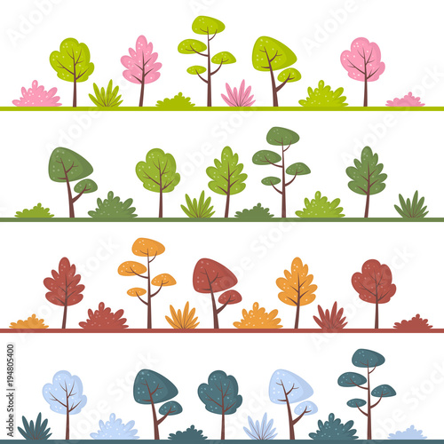 Landscapes with abstract trees and bushes in different colors