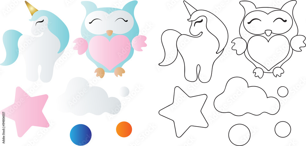 cartoon cute toy owl, unicorn, cloud and star
