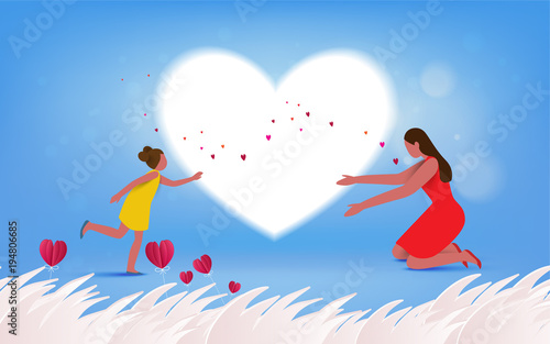 Happy mother's day. Mom and her daughter child are playing, smiling on heart background. Family holiday and togetherness. Vector illustratoin