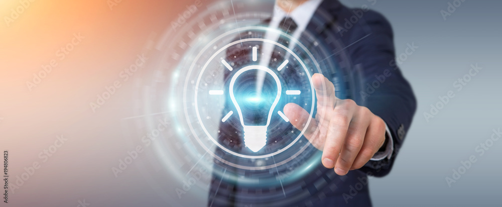 Businessman using lightbulb idea interface 3D rendering Businessman using lightbulb idea interface 3D rendering