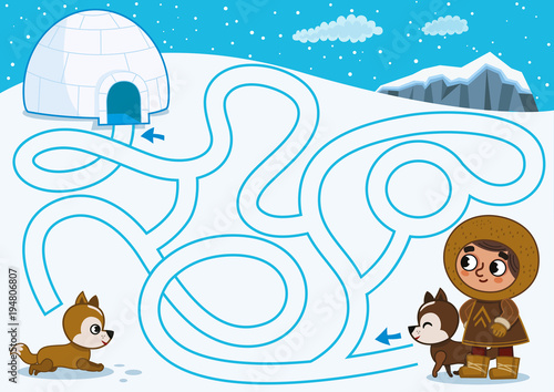 Can you help the eskimo for find his igloo house? (Vector illustration)