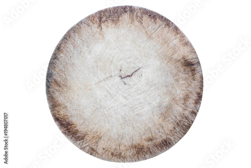 Old wooden chopping board isolated on white background