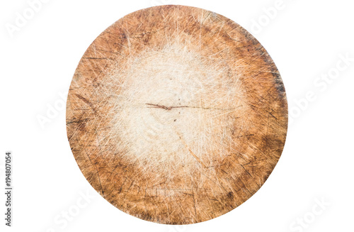Old wooden chopping board isolated on white background