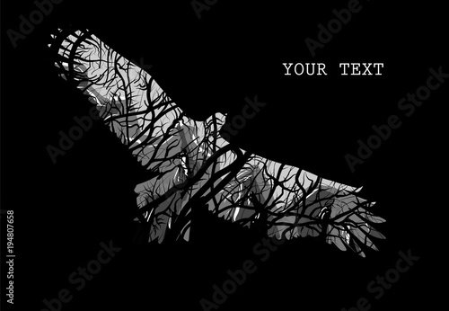 Double exposition of an eagle, tree and mountains on a black background