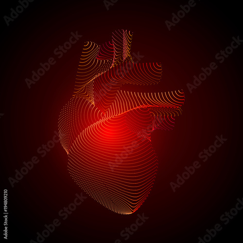 Vector isolated heart with pain center. 3D white human organ on dark background. Medicine concept with points. Abstract heart pain mash line origami