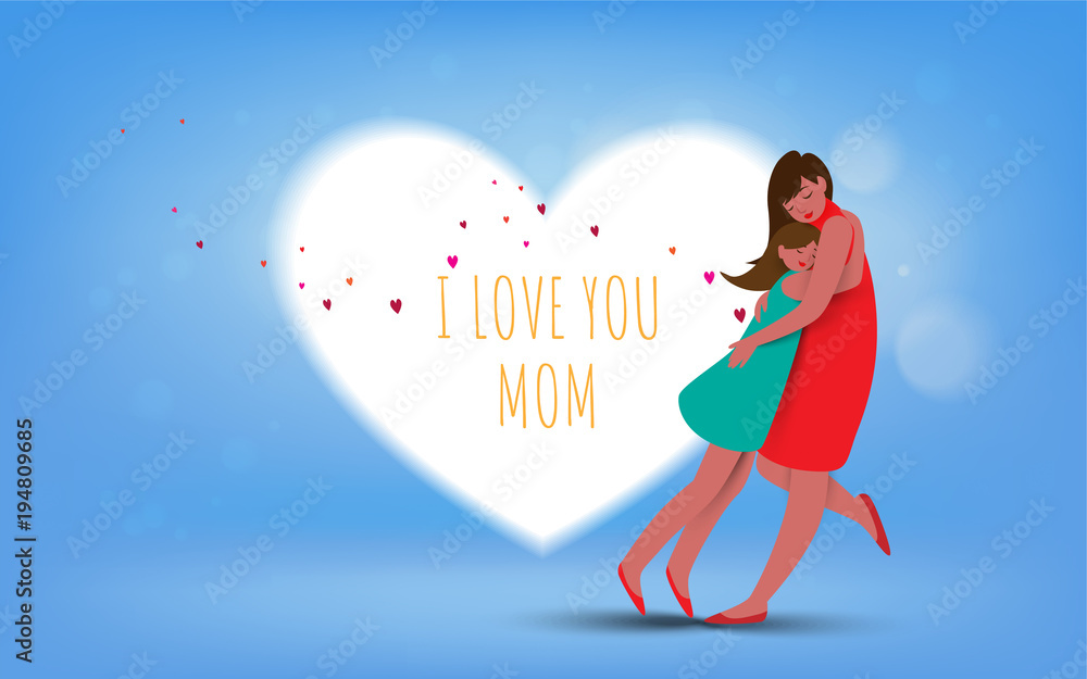 Happy mother's day. Mom and her daughter child are playing, smiling and hugging on heart background. Family holiday and togetherness. Vector illustratoin Happy mother's day. Mom and her daughter child are playing, smiling and hugging on heart background. Family holiday and togetherness. Vector illustratoin