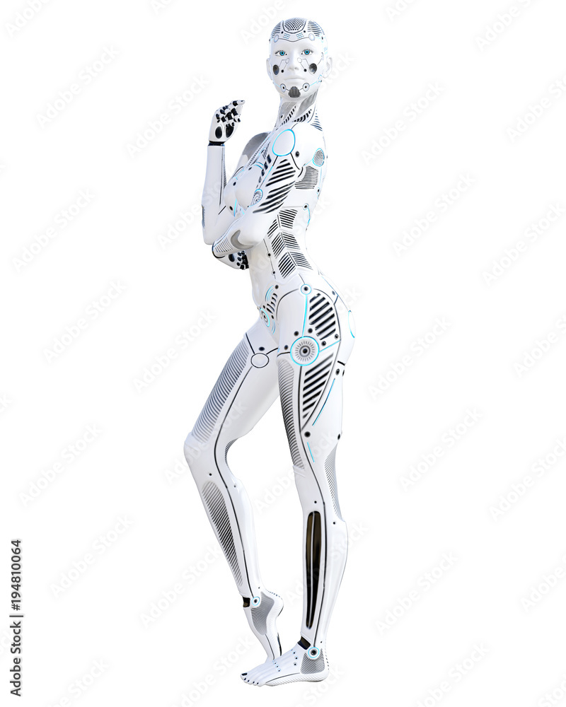 Robot woman. White metal droid. Android girl. Artificial Intelligence. Conceptual fashion art. Realistic 3D render illustration. Studio, isolate, high key. Robot woman. White metal droid. Android girl. Artificial Intelligence. Conceptual fashion art. Realistic 3D render illustration. Studio, isolate, high key.