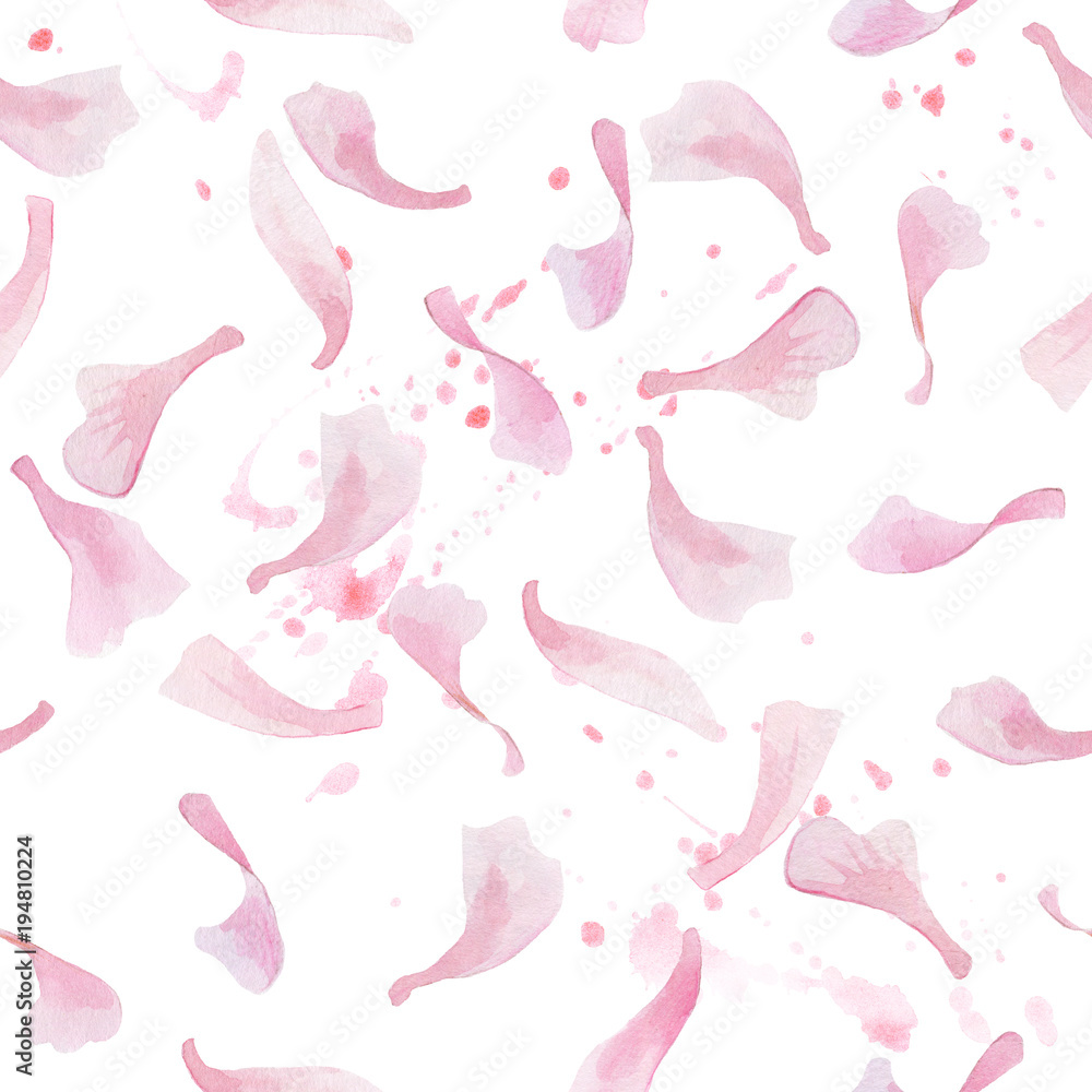 Hand drawn watercolor romantic pink sakura petals and splashes. Hand drawn watercolor romantic pink sakura petals and splashes.