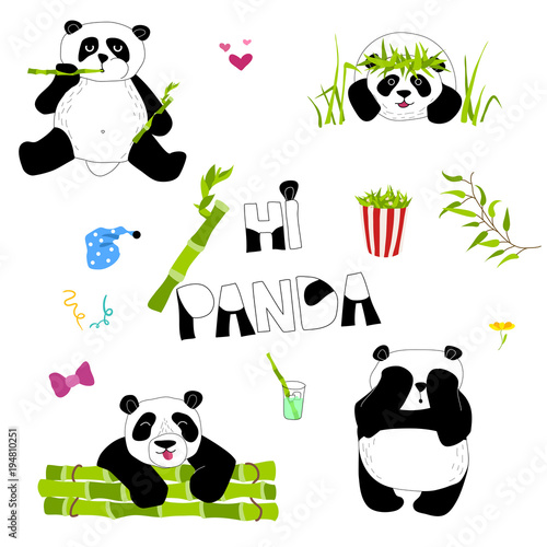 Fototapeta Naklejka Na Ścianę i Meble -  Cute and funny panda with accessories set. Doodle hand drawn style.