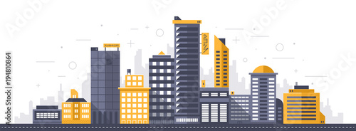 City illustration. Towers and buildings in modern flat style on white background