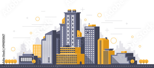 City illustration. Towers and buildings in modern flat style on white background