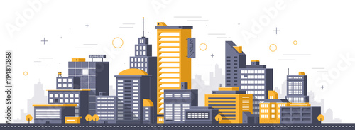 City illustration. Towers and buildings in modern flat style on white background
