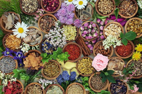 Fototapeta Naklejka Na Ścianę i Meble -  Herbal medicine with herbs and flowers used in chinese and natural alternative remedies with fresh herbs and flowers forming an abstract background. Top view.