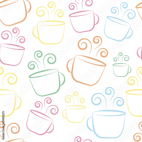 Cute colorful coffee cup seamless pattern on white background