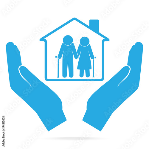 Nursing home for elderly in hand blue icon