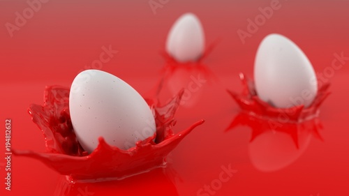 easter concepth with eggs falling to red paint pool. 3d illustration photo