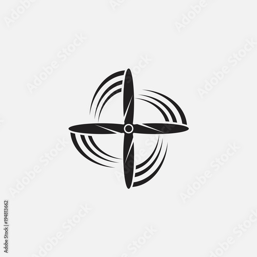 Black isolated silhouette of propeller of airplane on white background. Icon