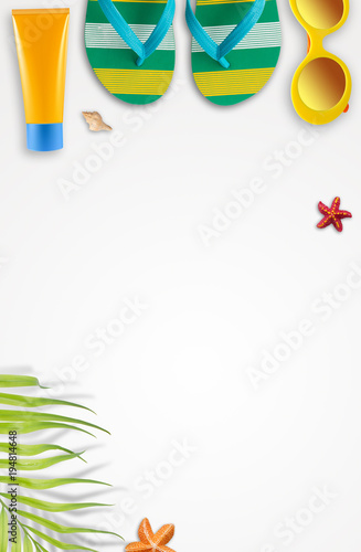 Summer holiday background, Beach accessories, Vacation and travel items, Sunblock, Flipflop and Sunglass on white background with copy space. Minimal style. Flat lay