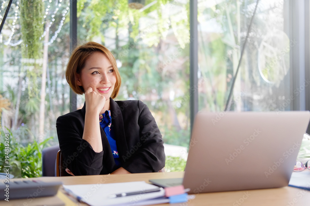 Businesswoman smile on face with thinking creative idea. Businesswoman smile on face with thinking creative idea.