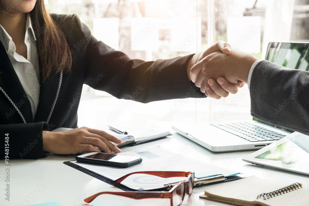 business greeting woman holding your hand with business meeting.