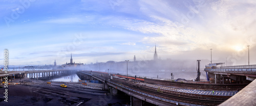 The Construction site of the new Slussen in Stockholm, Sweden. Early morning with fog.
